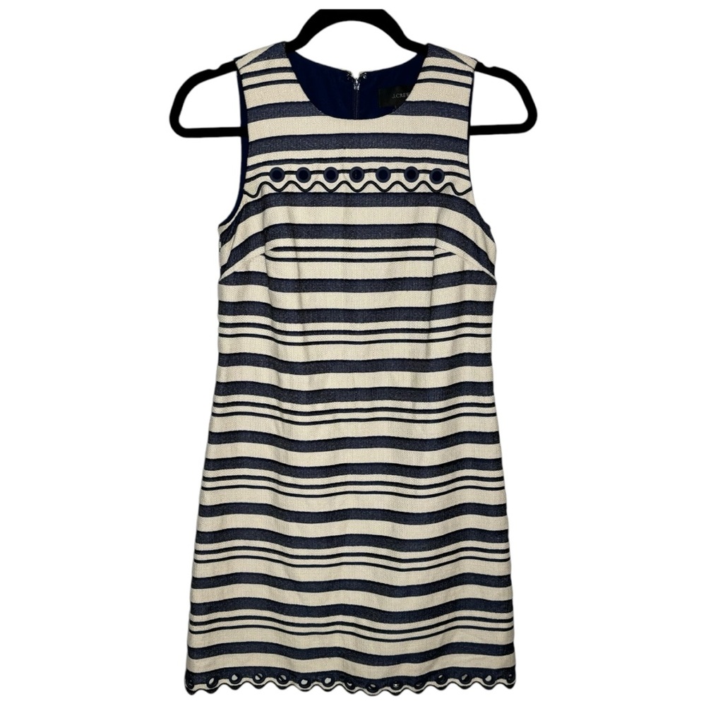 J. Crew Women's‎ Size 00 Striped Scalloped Sleeveless Dress Grommets Navy Beige